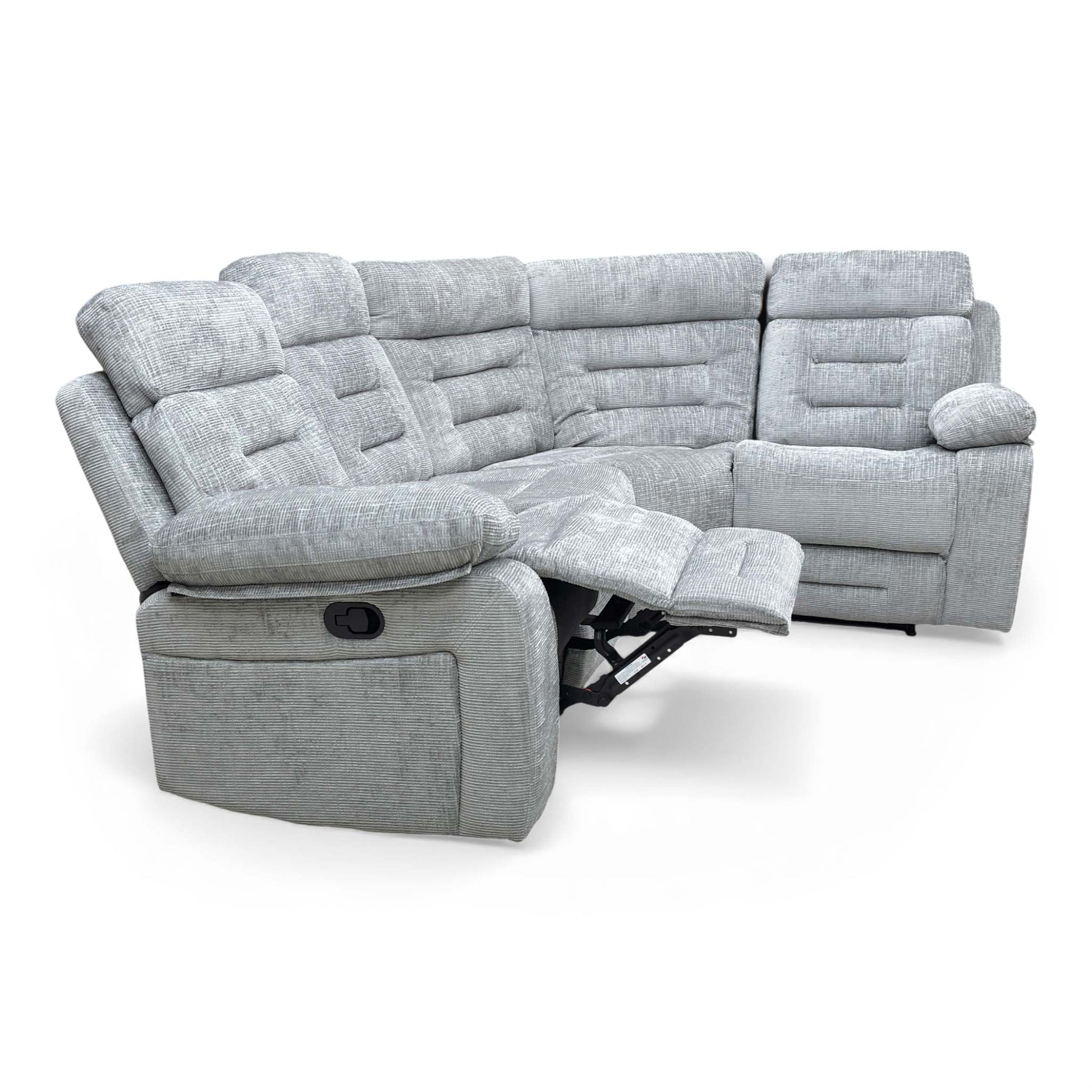 View of the ‘Wilbur’ corner sofa with one end seat fully reclined, emphasizing its relaxation features.