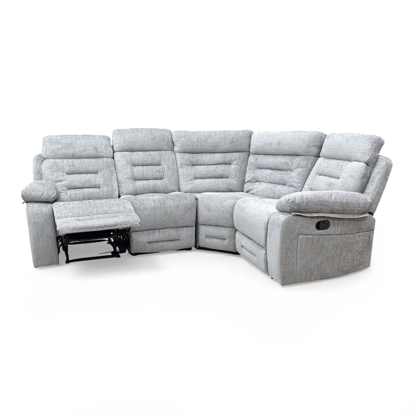 Full view of the ‘Wilbur’ Grey Fabric Manual Recliner Modular Corner Sofa, showing its spacious L-shaped design and high backrests.