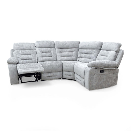 Full view of the ‘Wilbur’ Grey Fabric Manual Recliner Modular Corner Sofa, showing its spacious L-shaped design and high backrests.