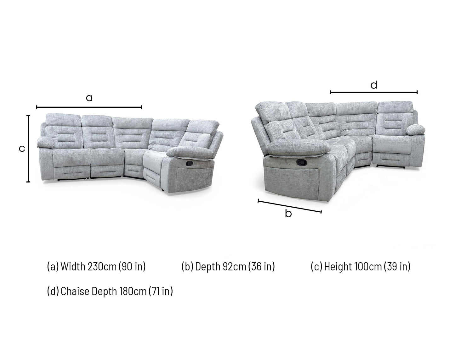 Dimensions for the ‘Wilbur’ Grey Fabric Manual Recliner Modular Corner Sofa.