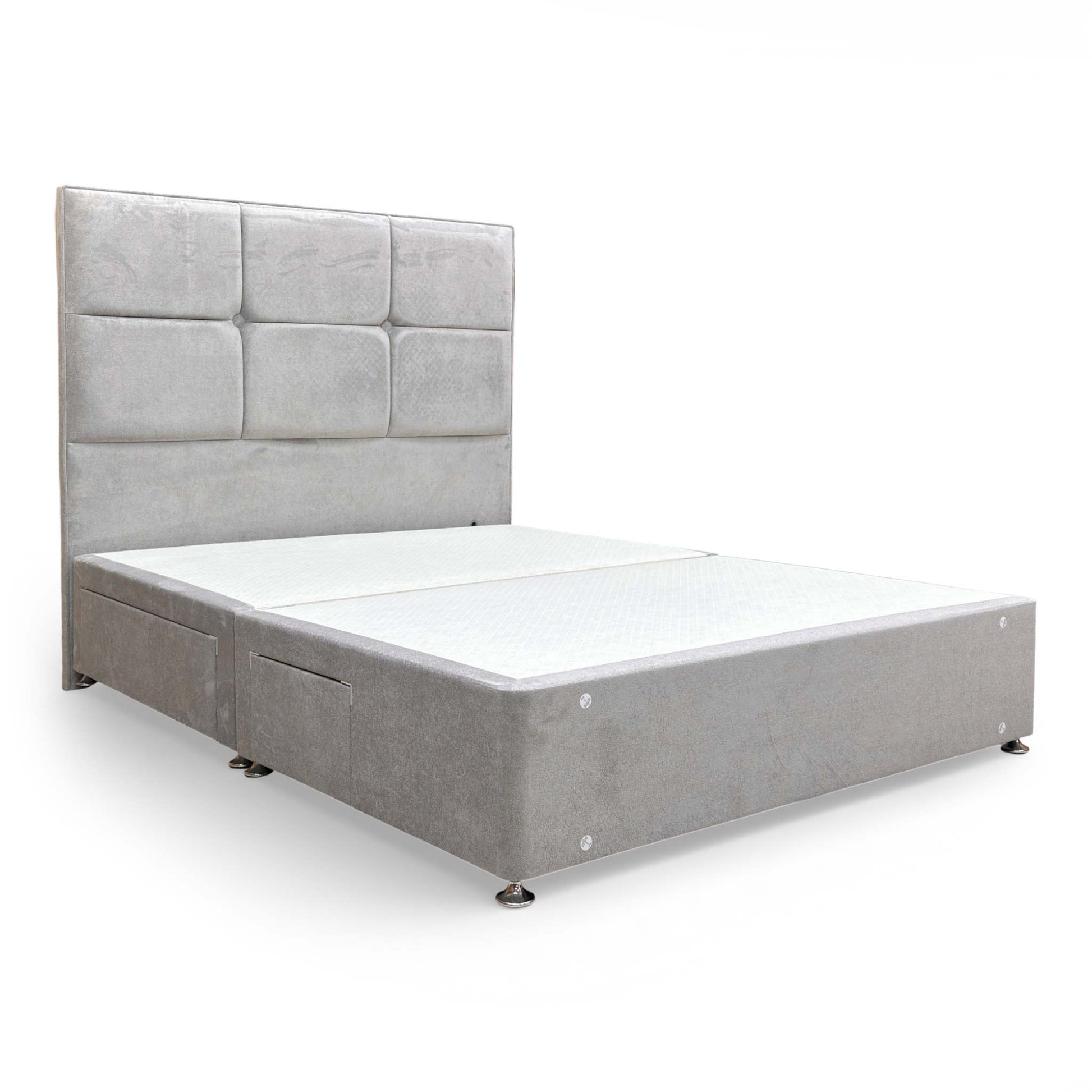 Side profile of the king size divan base, demonstrating the smooth-gliding storage drawers upholstered in matching nickel fabric.