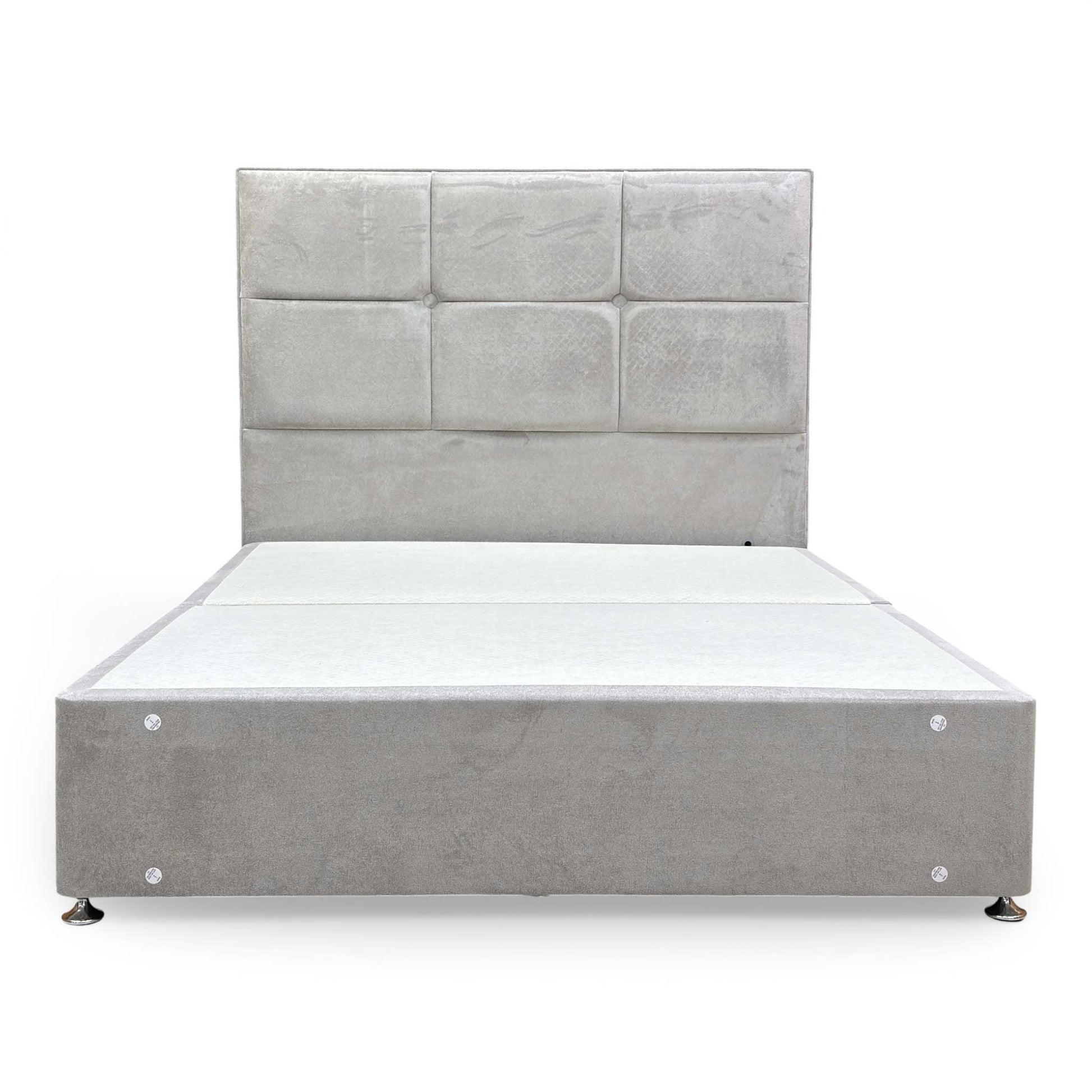 Full front-on view of the Saggitarius king bed set, emphasizing its contemporary silhouette and luxurious fabric finish.