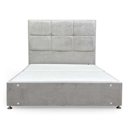 Full front-on view of the Saggitarius king bed set, emphasizing its contemporary silhouette and luxurious fabric finish.