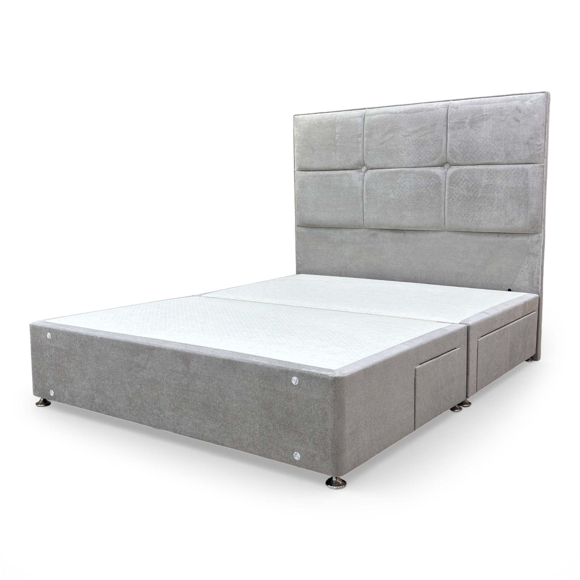 View of the Saggitarius king bed, showcasing the premium nickel upholstery and integrated storage drawers.