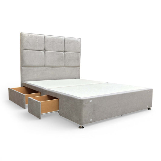 Full view of the Highgrove ‘Saggitarius’ King Size Bed featuring a Milan nickel fabric floor-standing headboard and a 4-drawer divan base.