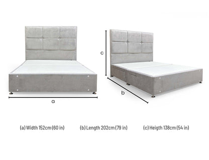 Dimensions for the Highgrove ‘Saggitarius’ Milan Nickel Fabric Floor-Standing Headboard and 4-Drawer Divan Base (King).
