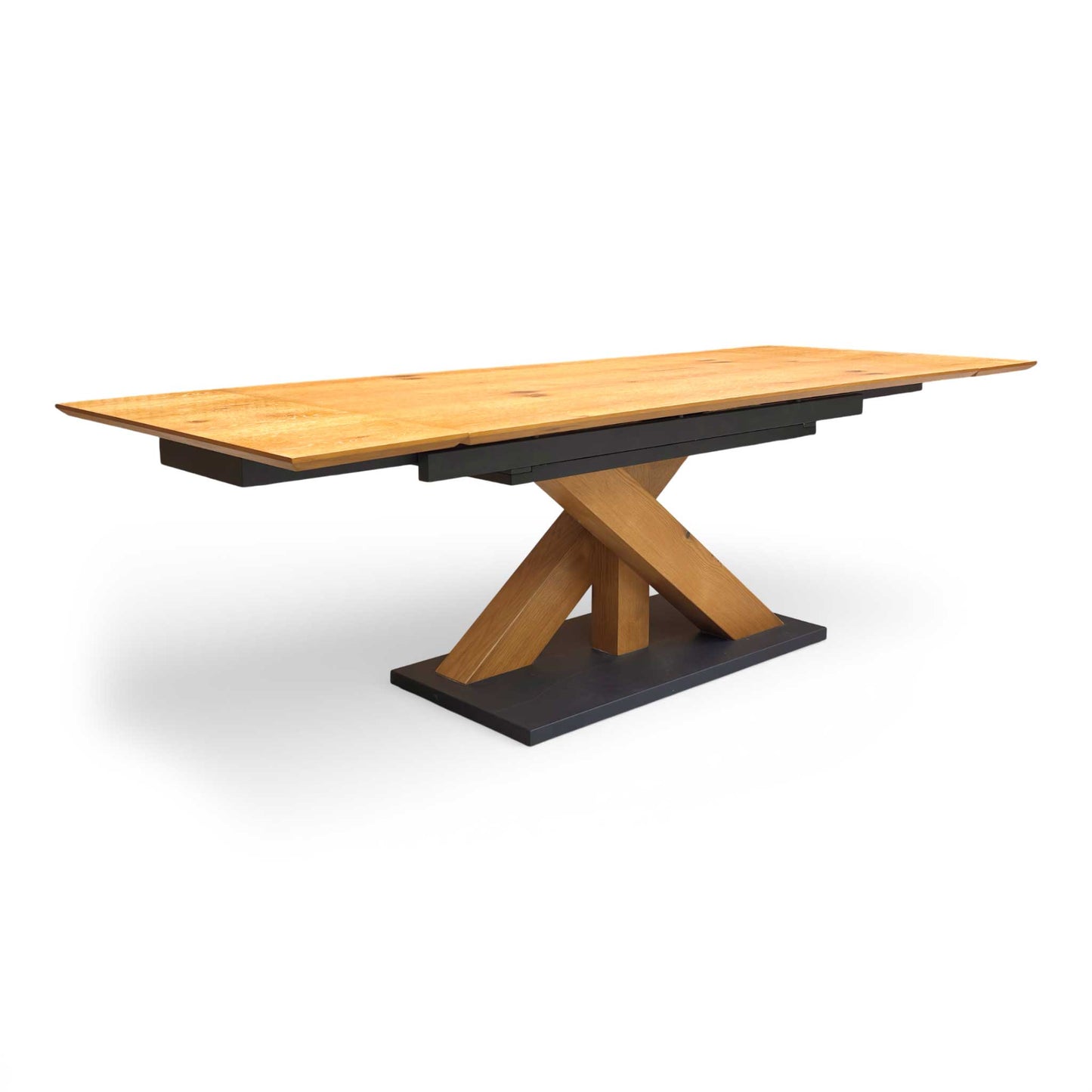 Full view of the 'Aydin' 180cm extending dining table in solid oak, featuring a natural wood grain finish and a sturdy, modern base.