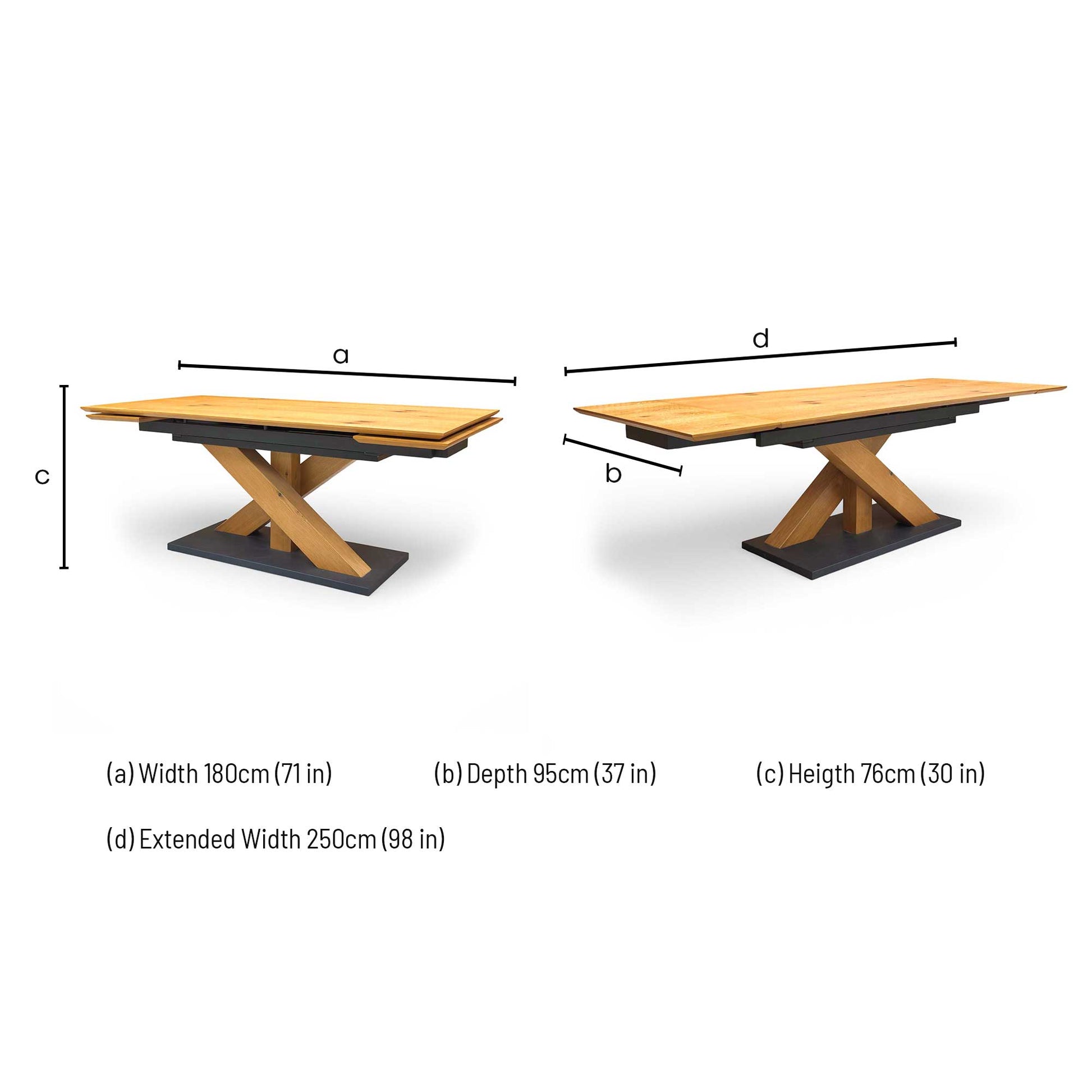 Technical dimension diagram for the ‘Aydin’ Solid Oak 180cm Extending Dining Table: Width 180cm (Extends to 260cm), Depth 100cm, Height 79cm.