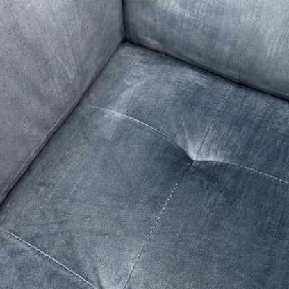 Close-up shot of the Heritage Granite Grey velvet on the ‘Rene’ sofa, showcasing the dense plush pile, premium tailored seams, and rich multi-tonal light-catching texture.