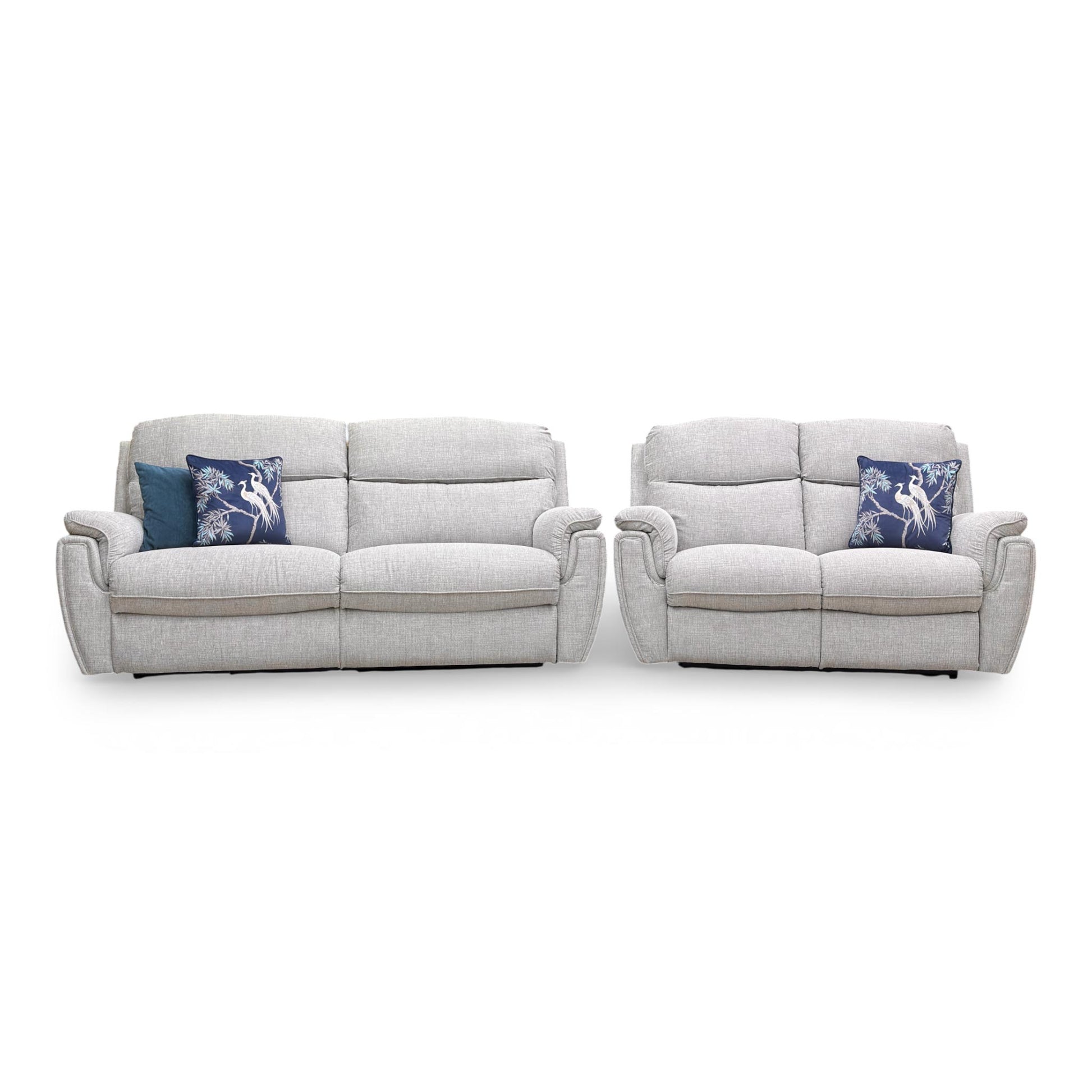 Front view of the matching Ashton 2-seater power recliner sofa, emphasizing the clean lines and modern aesthetic of the woven grey upholstery.