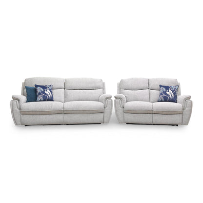 Front view of the matching Ashton 2-seater power recliner sofa, emphasizing the clean lines and modern aesthetic of the woven grey upholstery.