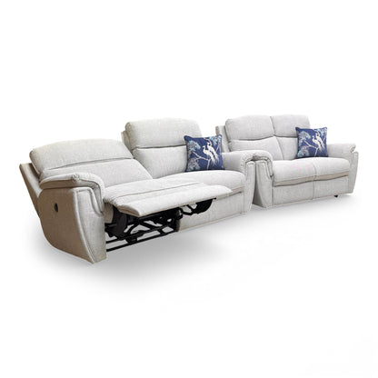 Full View The SCS ‘Ashton’ 3+2 power recliner sofa set in Bariba Grey woven fabric, featuring modern chrome inserts and a sophisticated contemporary design.