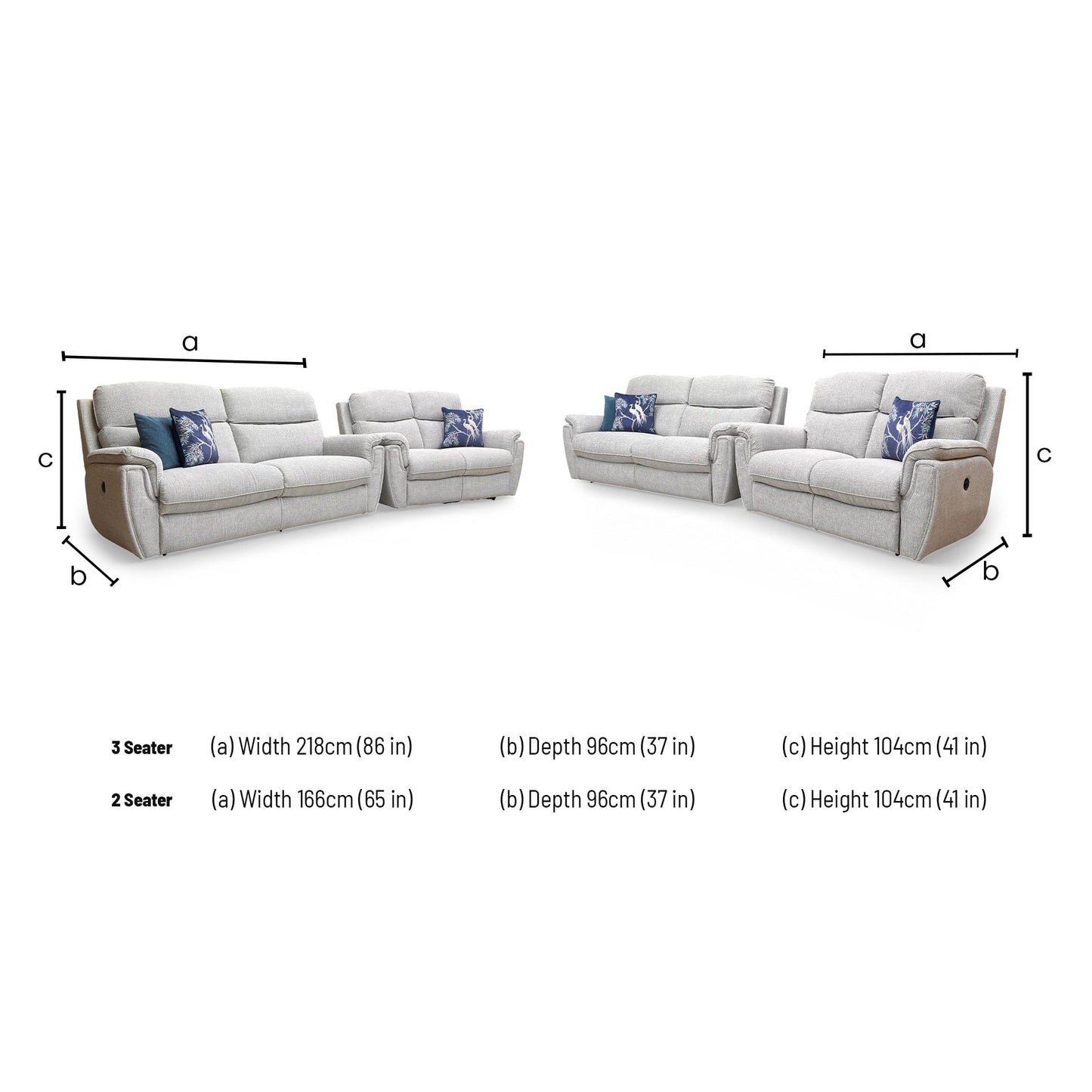 Dimensions for the ‘Ashton’ Bariba Grey Chrome Insert Woven Fabric 3 + 2 Power Recliner Sofa Set.