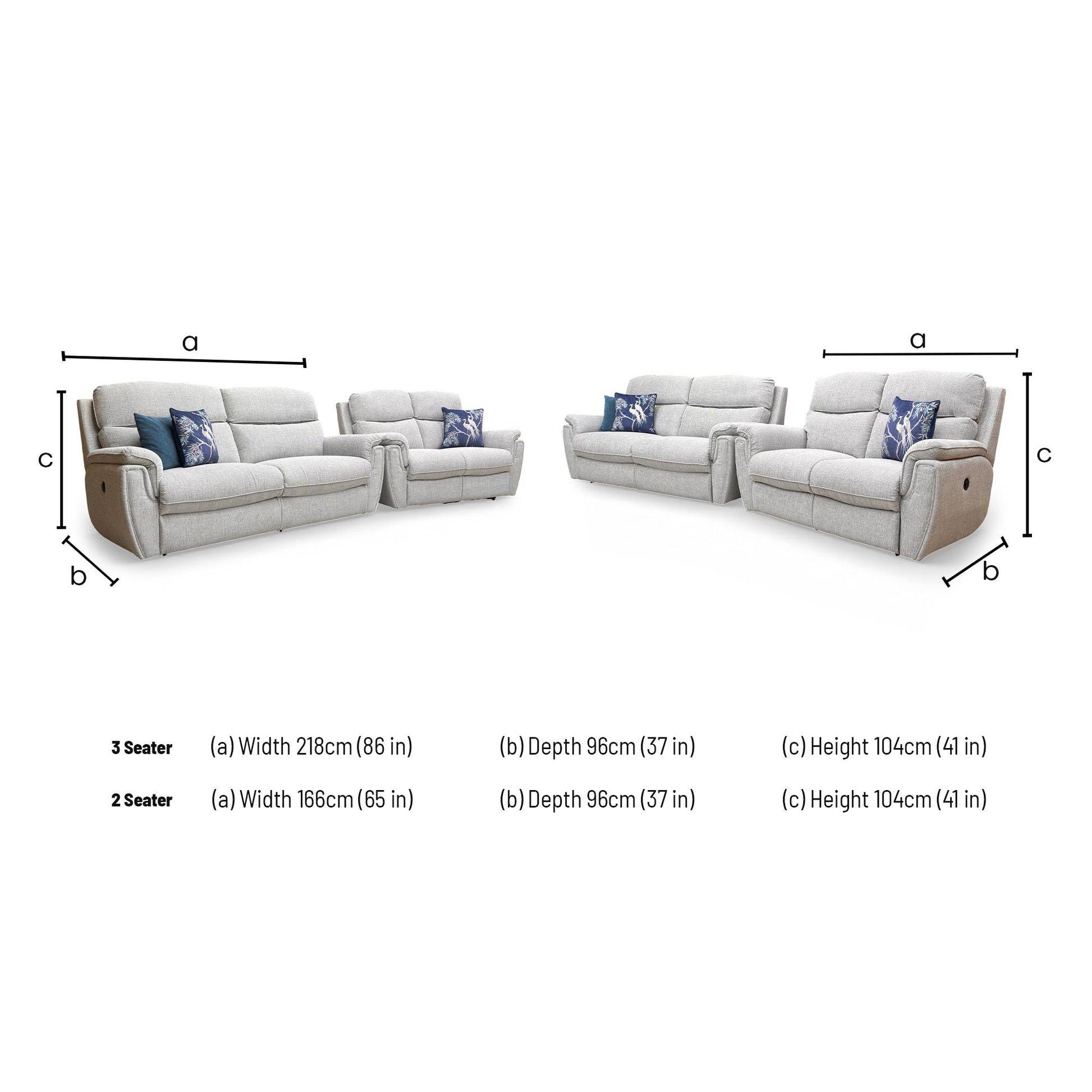 Dimensions for the ‘Ashton’ Bariba Grey Chrome Insert Woven Fabric 3 + 2 Power Recliner Sofa Set.