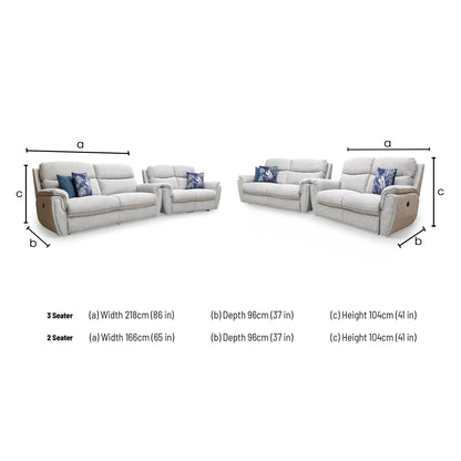 Dimensions for the ‘Ashton’ Bariba Grey Chrome Insert Woven Fabric 3 + 2 Power Recliner Sofa Set.