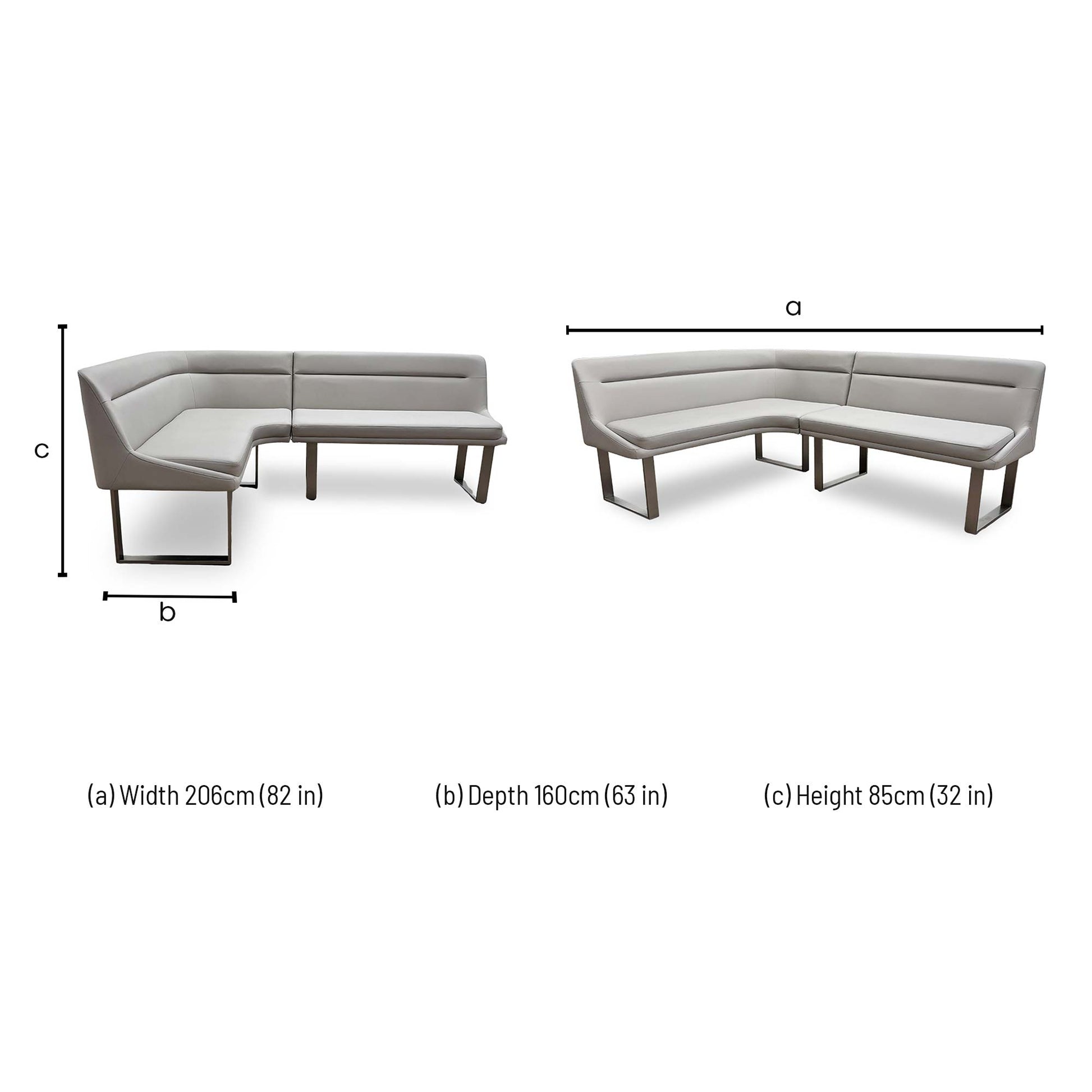 Dimension technical drawing for the Avorio bench: 206cm width, 160cm depth, and 85cm height.