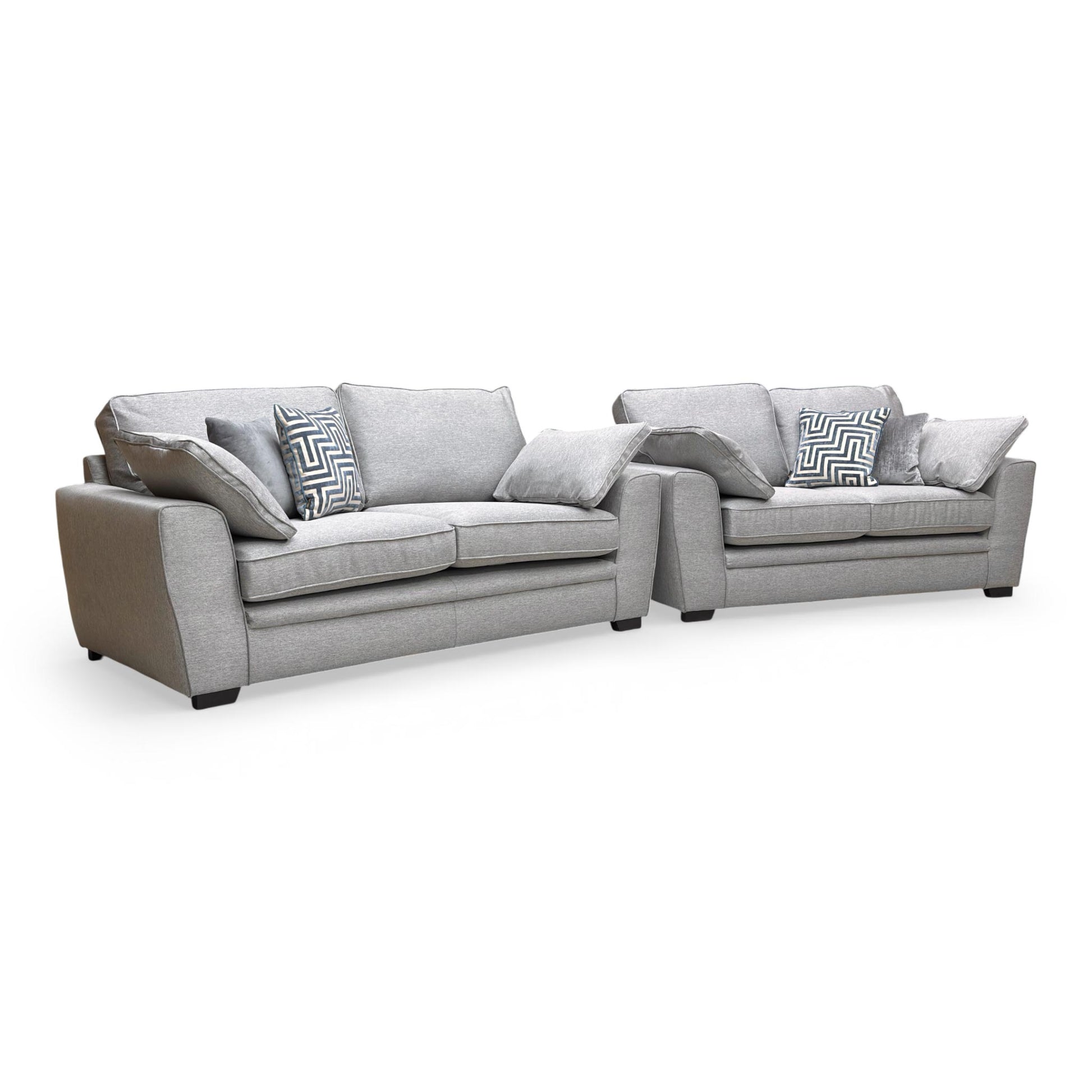Full view of the Chalfont 'Novak Grey' 3+2 seater sofa set in a soft, tight-weave grey fabric, featuring a modern, clean-lined silhouette with plush seat cushions.