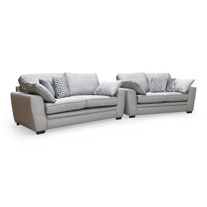 Full view of the Chalfont 'Novak Grey' 3+2 seater sofa set in a soft, tight-weave grey fabric, featuring a modern, clean-lined silhouette with plush seat cushions.