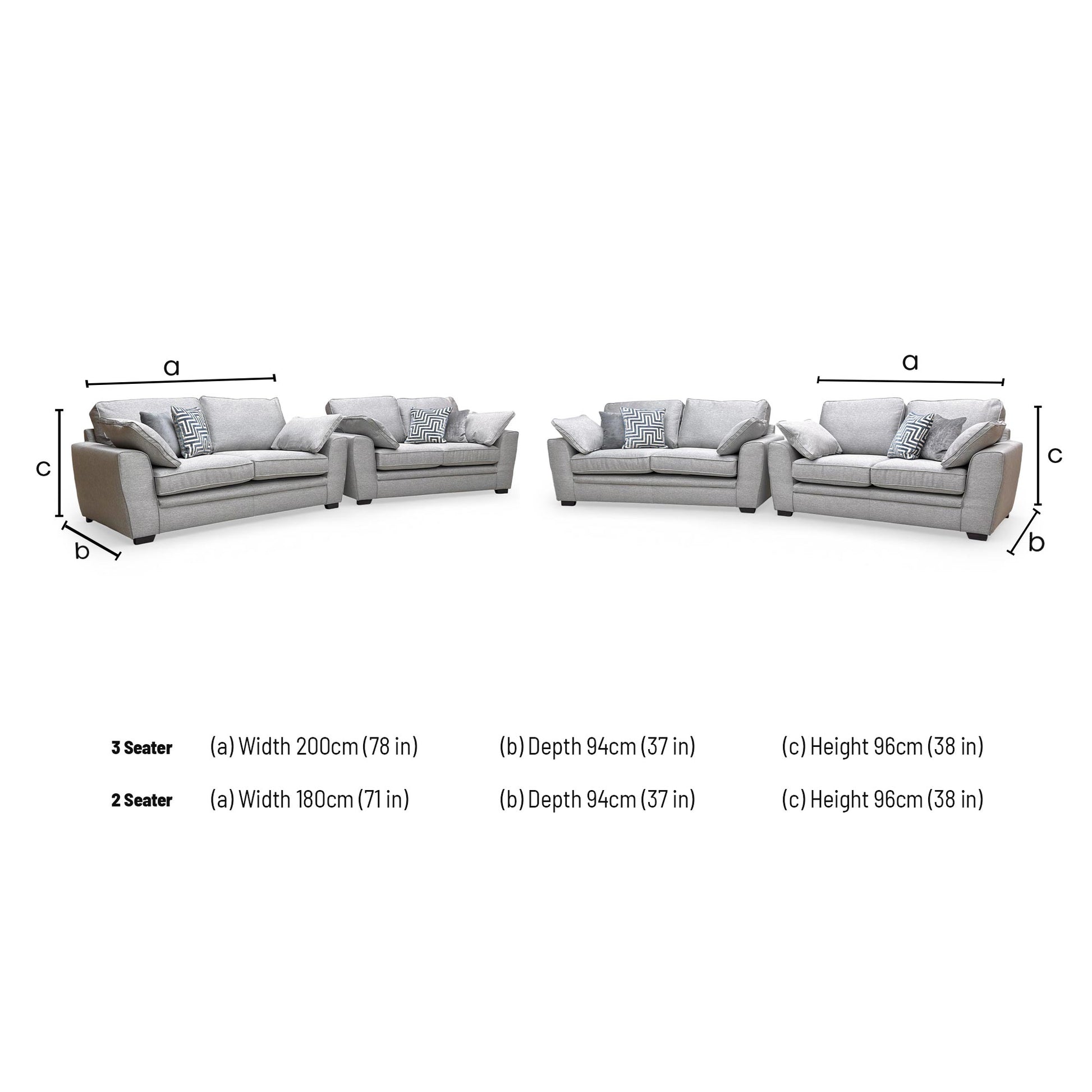 Technical dimension diagram for the Chalfont Novak Grey 3+2 Seater Sofa Set, outlining width, depth, and height specifications for both sofas.