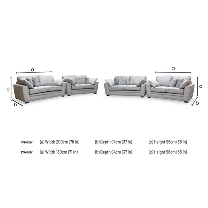 Technical dimension diagram for the Chalfont Novak Grey 3+2 Seater Sofa Set, outlining width, depth, and height specifications for both sofas.