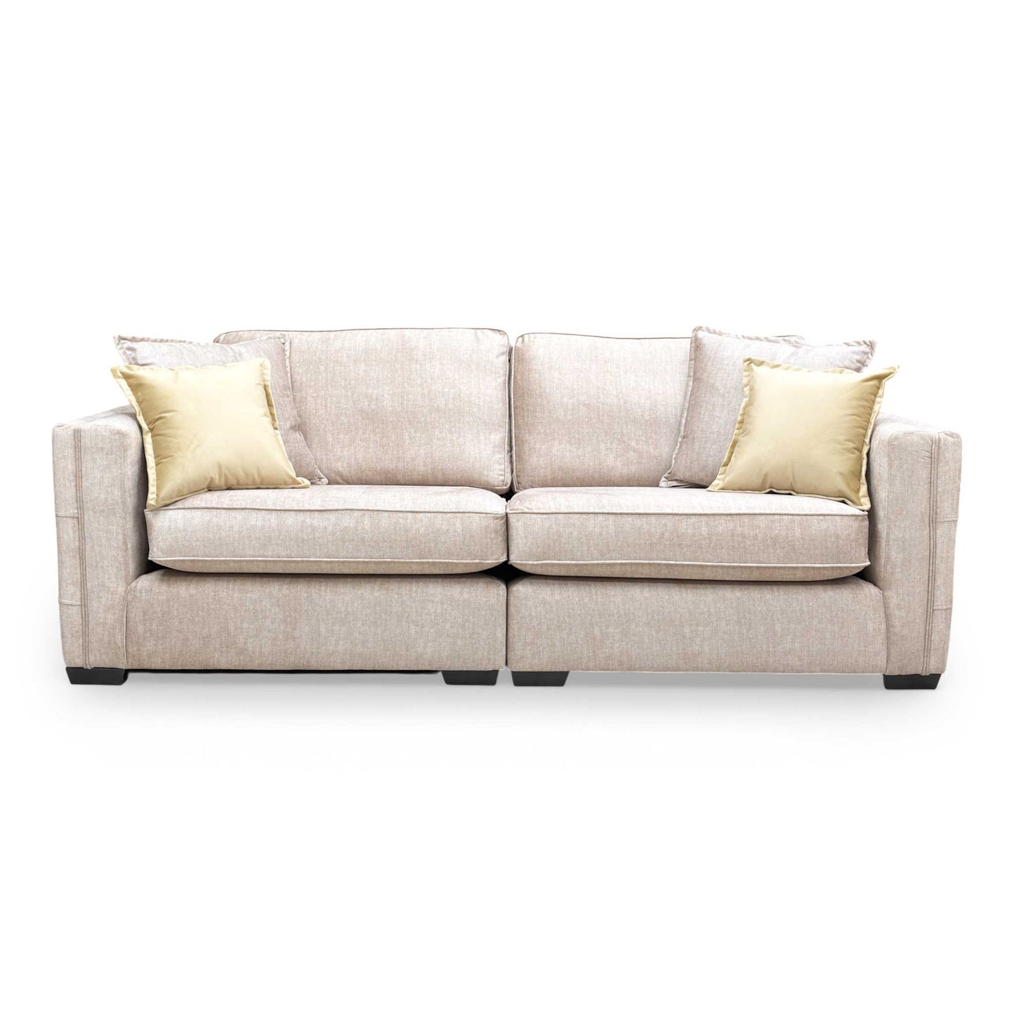 Front view of the Chelsea 4 seater split frame sofa in beige Vogue velvet with a formal back design.
