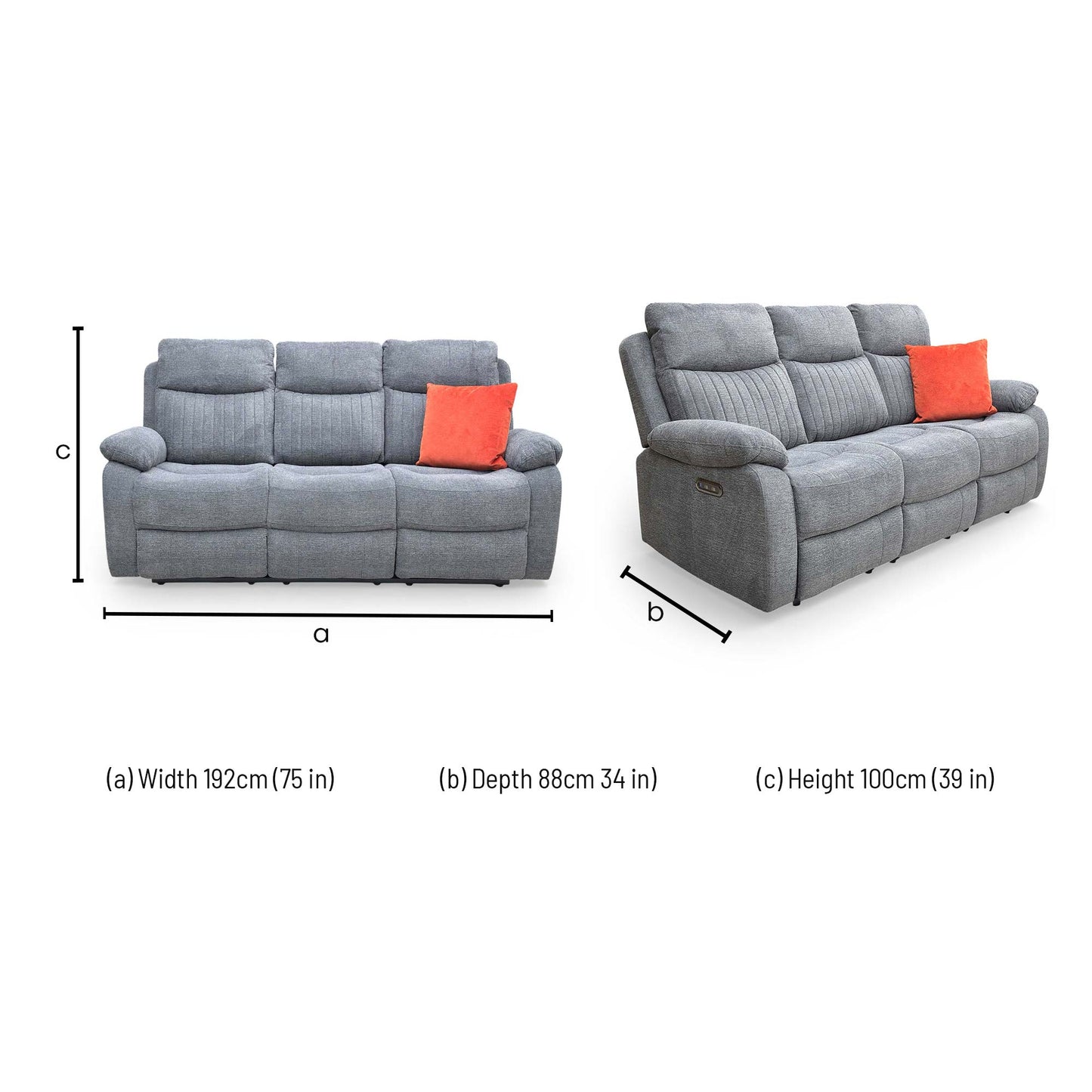'Brystol’ Dark Grey Woven Fabric 3 Seater Power Recliner Sofa with Drop Down Cup Holder
