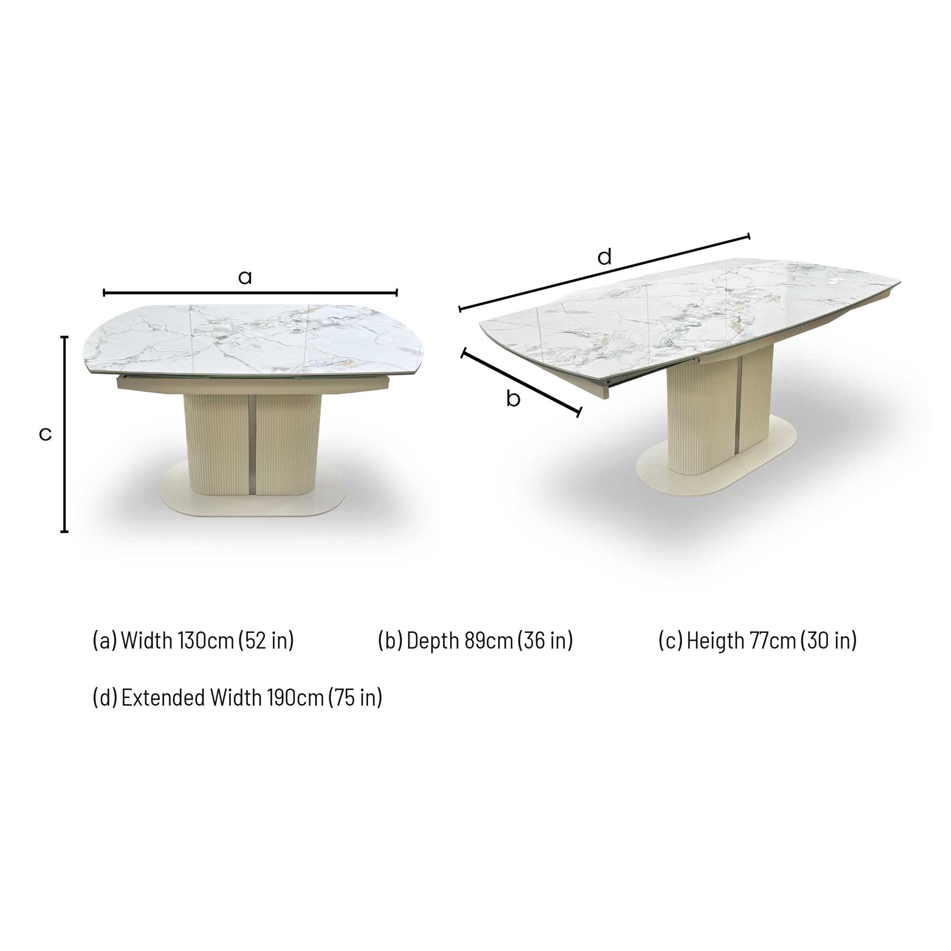 Technical dimension diagram for the Avorio Marble-Effect Ceramic Top Swivel Extending Dining Table, detailing its standard and extended measurements.