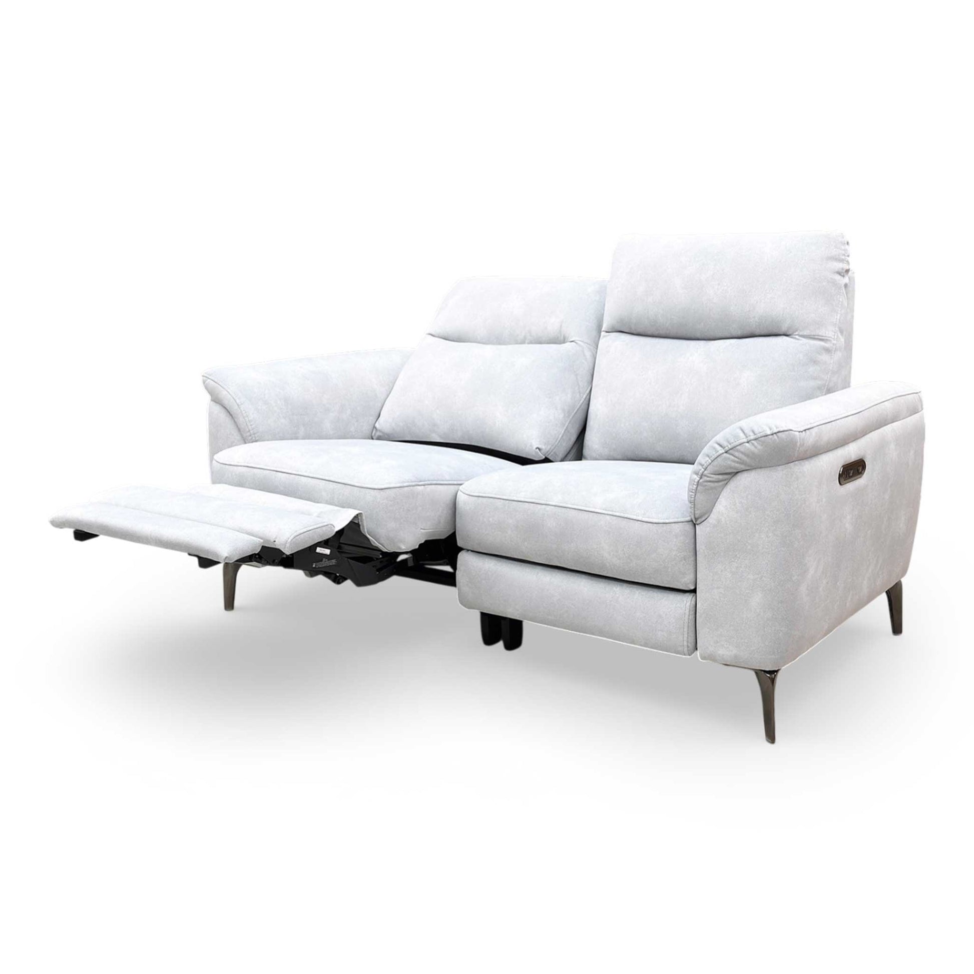 Side perspective of the 2-seater sofa, showing the sleek profile and the modern metallic tapered legs that provide a contemporary lift.