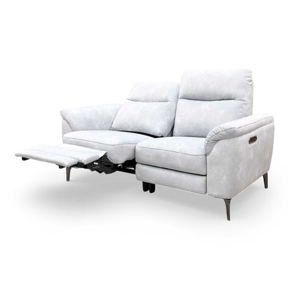 Side perspective of the 2-seater sofa, showing the sleek profile and the modern metallic tapered legs that provide a contemporary lift.
