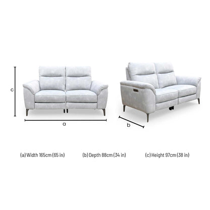Dimensions for the ‘Morgan’ Dexter Smoke 43516 Velvet 2 Seater Power Recliner Sofa.