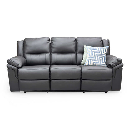 View of the sofa with both end seats reclined, showcasing the individual manual levers and spacious lounging configuration.