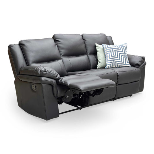 Front-facing view of the 'Albion' 3-seater manual recliner sofa in sleek black faux leather, featuring padded armrests and a contemporary design.