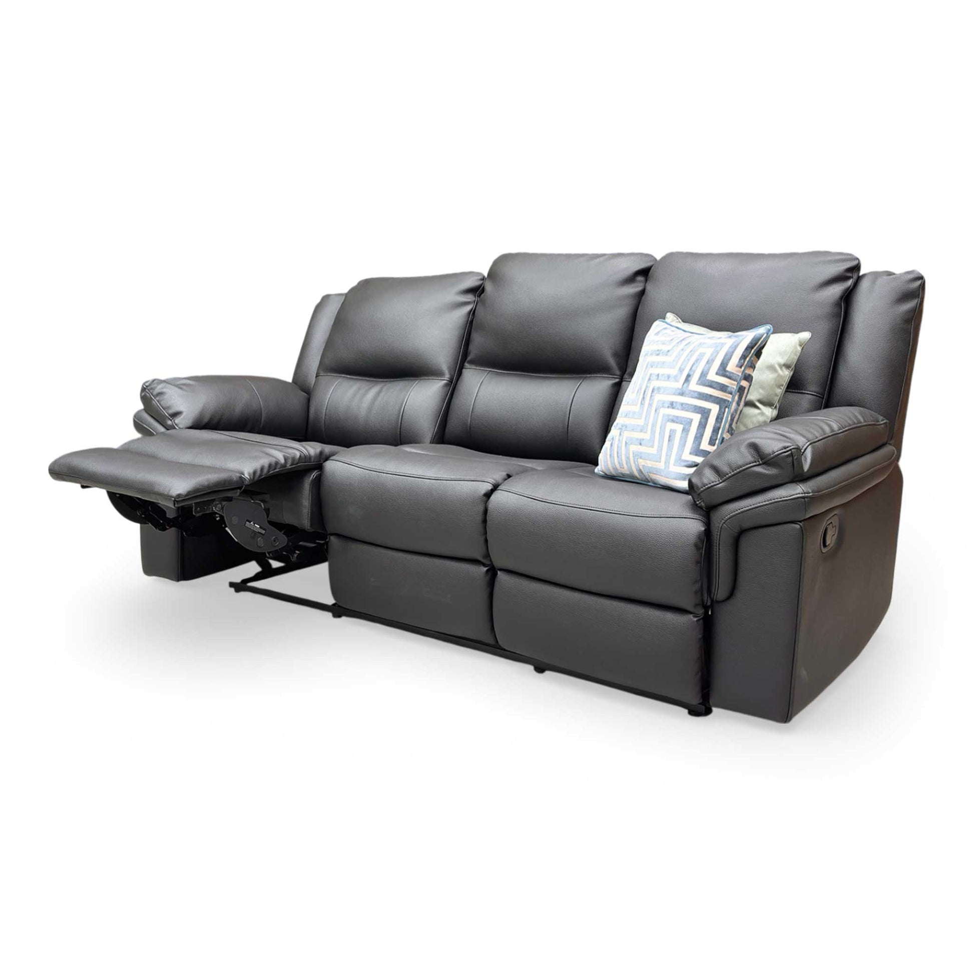 Side profile of the Albion sofa in a reclined position, emphasizing the extendable footrest and ergonomic back support.