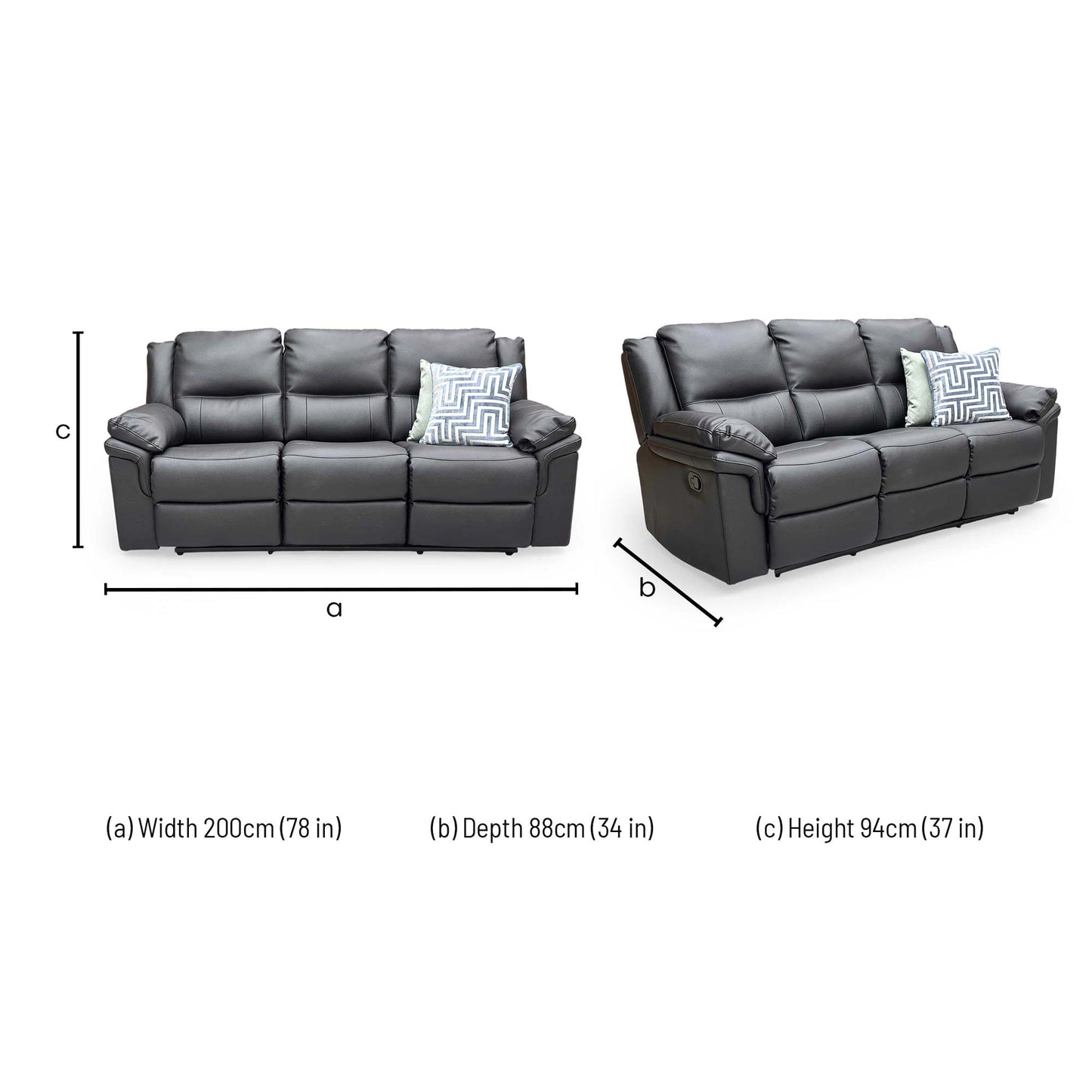 Technical dimension diagram for the ‘Albion’ Black Faux Leather 3 Seater Sofa: Width 200cm, Depth 88cm, Height 94cm.