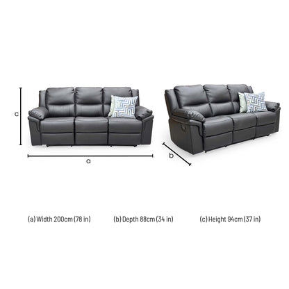 Technical dimension diagram for the ‘Albion’ Black Faux Leather 3 Seater Sofa: Width 200cm, Depth 88cm, Height 94cm.
