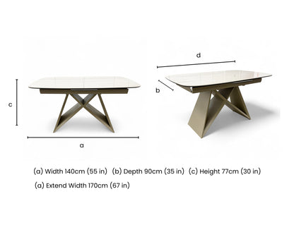 Dimensions for the 'Mirage' Ceramic Top Small 140cm Pop Up Extending Dining Table.