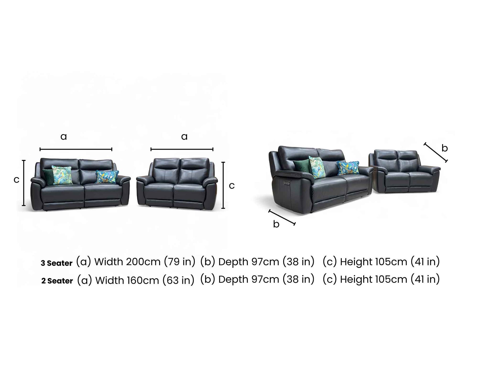 Dimensions for the ‘Bobby’ Leather Cat-35/02 Black 3 + 2 Power Recliner Sofa Set. 3 Seater.