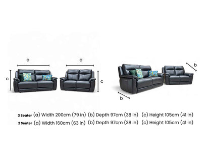 Dimensions for the ‘Bobby’ Leather Cat-35/02 Black 3 + 2 Power Recliner Sofa Set. 3 Seater.