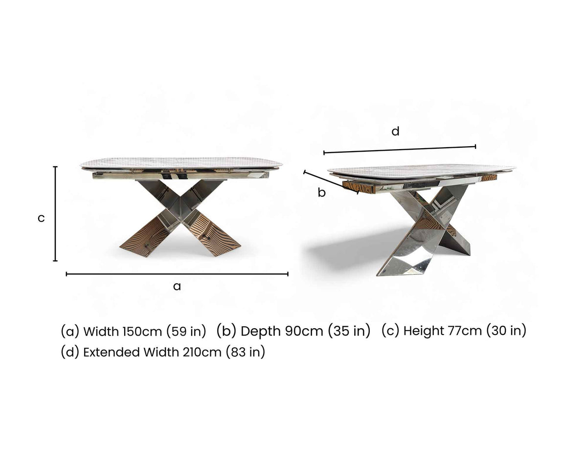 Technical dimension drawing showing width, depth, height, and fully extended width.