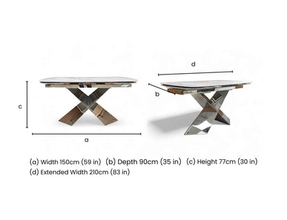 Technical dimension drawing showing width, depth, height, and fully extended width.