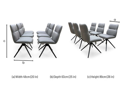 'Quattro' Ash Grey Ceramic Extending Dining Table with 6 Stone Grey Faux Leather Swivel Chairs Set
