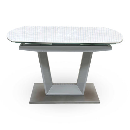 ‘Grigio’ Ceramic Top Swivel Extending Dining Table with 4 Grey Fabric Swivel Dining Chairs Set