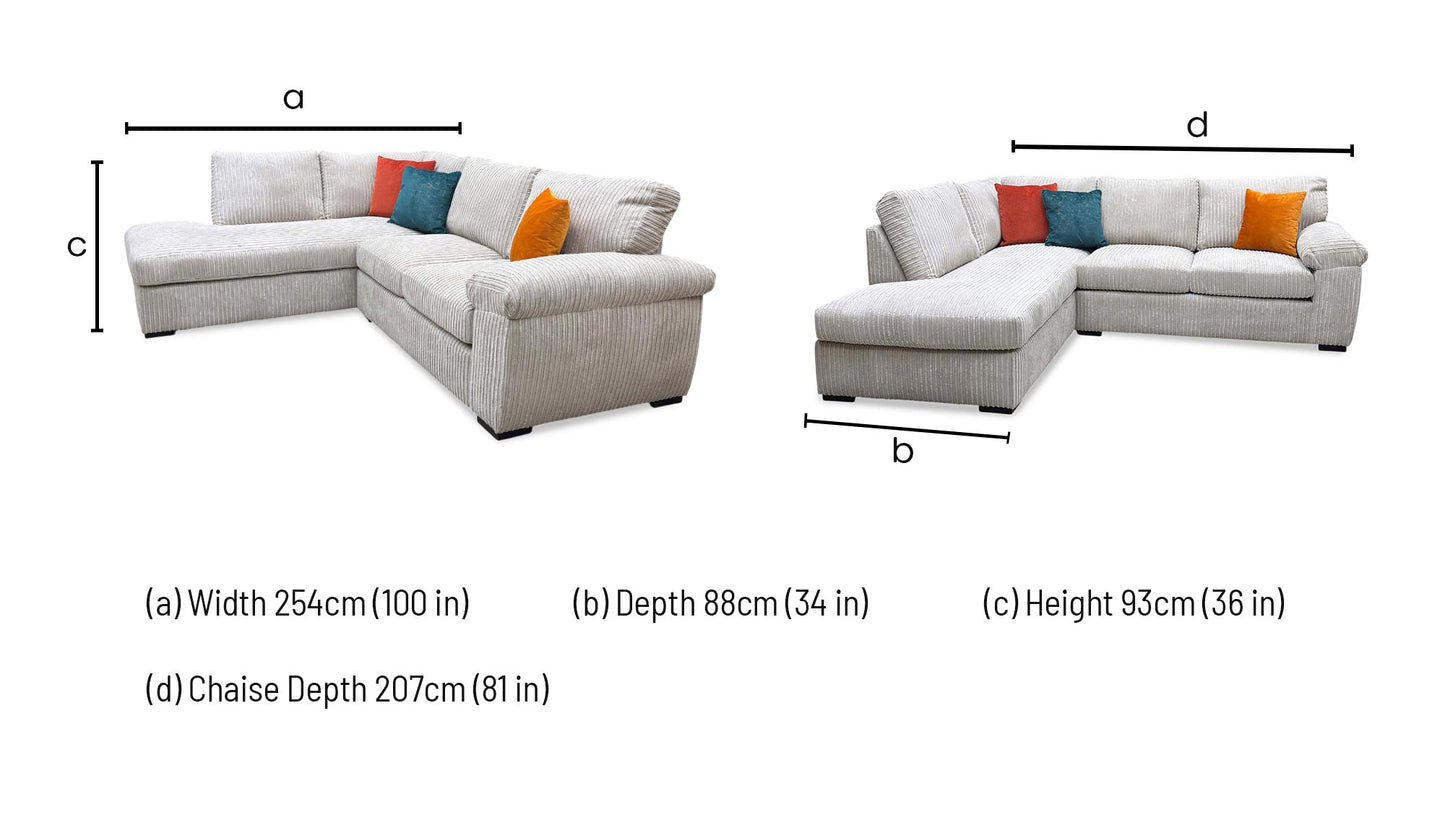 'Amalfi' Cream Jumbo Cord Fabric Standard Back Left Hand 3 Seater Chaise Sofa