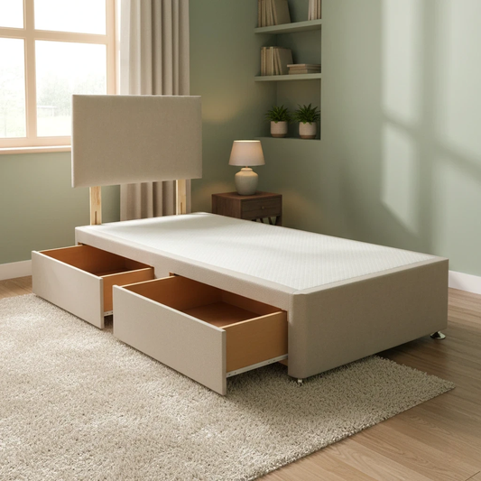 Lifestyle shot of the Roma Venice mink bed in a contemporary bedroom, highlighting its elegant neutral tone and padded headboard.