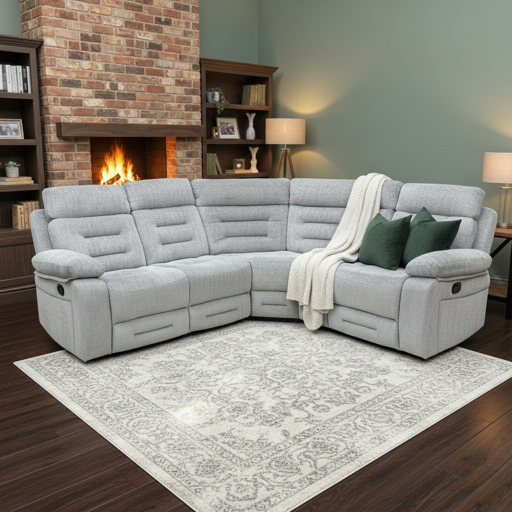 Lifestyle shot of the ‘Wilbur’ corner sofa in a modern living room setting, highlighting its comfortable grey fabric upholstery.