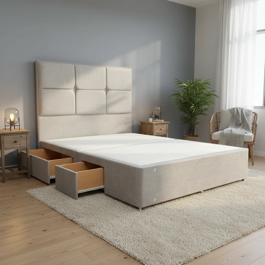 Lifestyle shot of the Saggitarius Milan bed in a modern master bedroom, highlighting the tall, elegant floor-standing headboard.