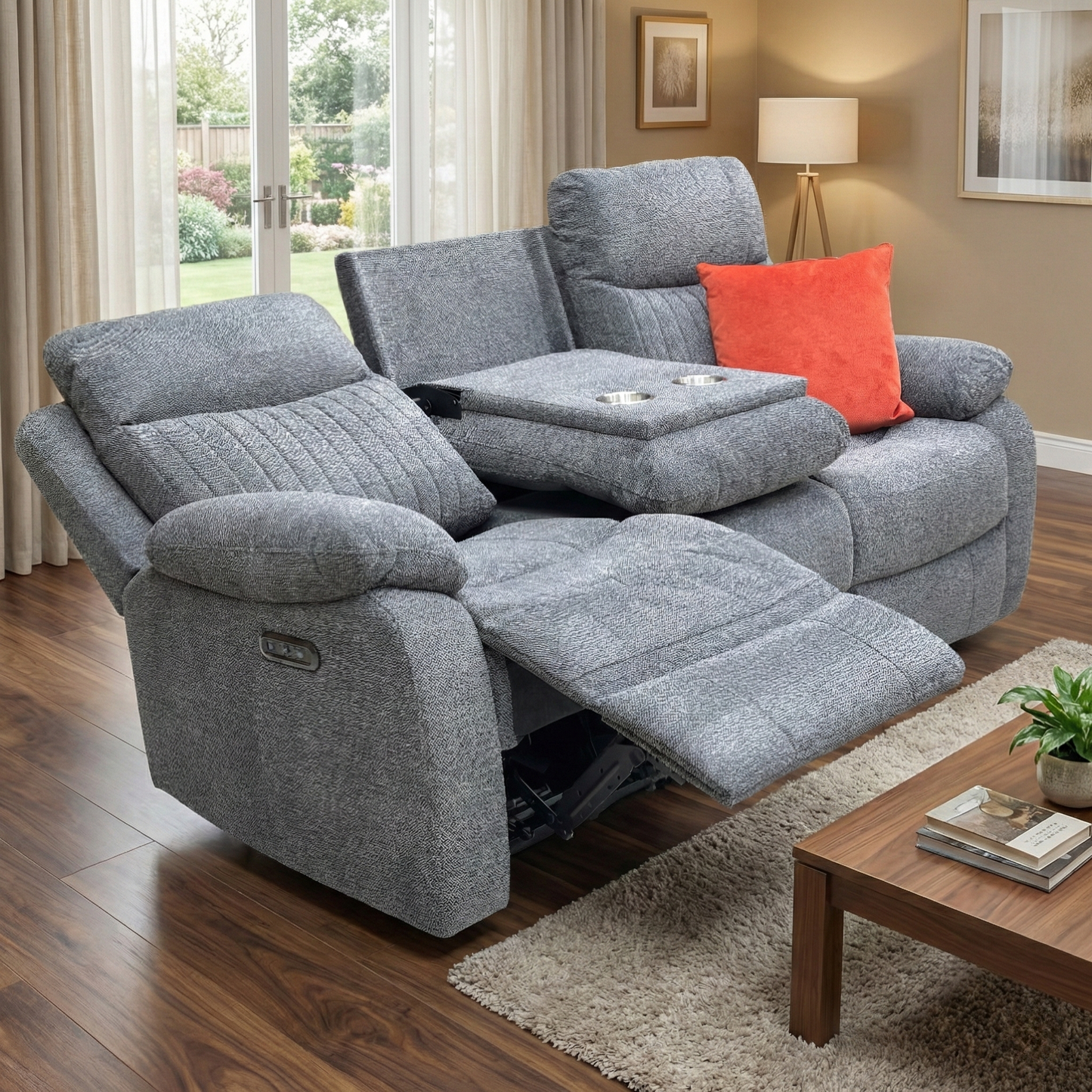'Brystol’ Dark Grey Woven Fabric 3 Seater Power Recliner Sofa with Drop Down Cup Holder
