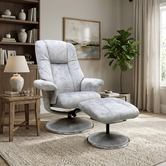 'Troyes' Elephant Grey Velvet Fabric High-Back 360 Swivel Chair and Footstool – view 2