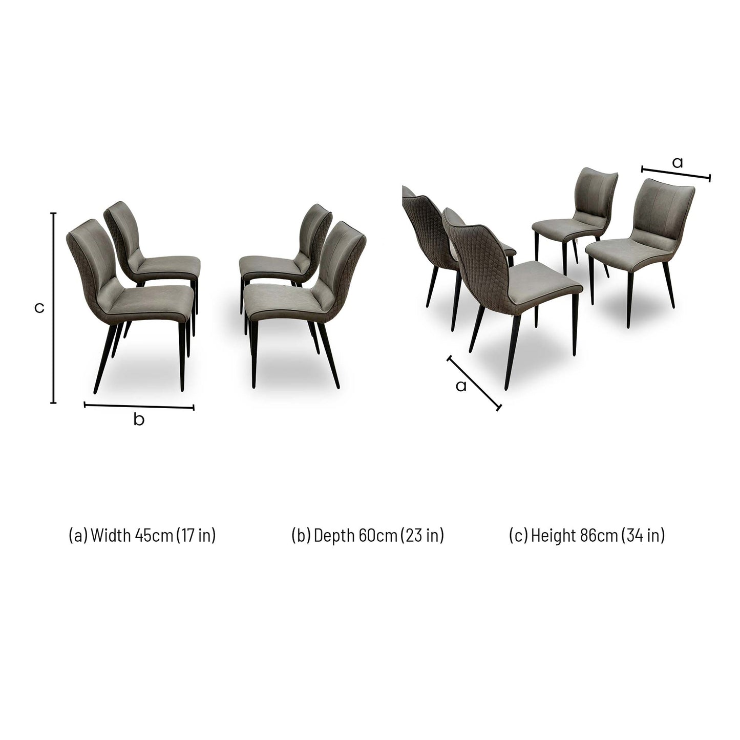 Dimensions for the Murcia Antiqued Grey Fabric Dining Chairs.
