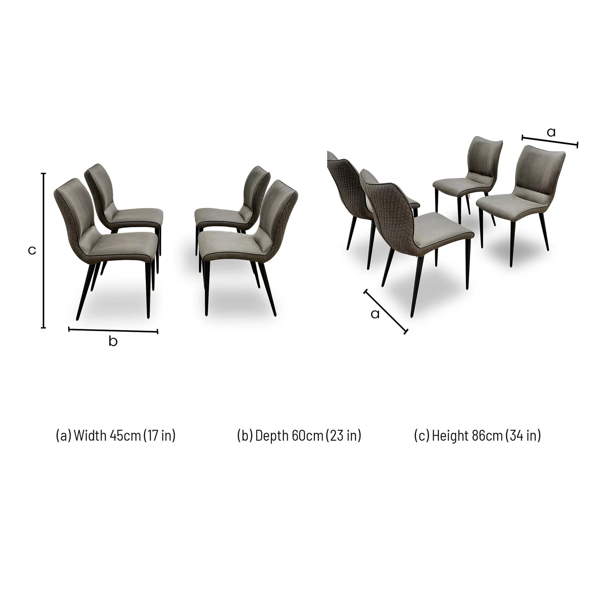 Dimensions for the Murcia Antiqued Grey Fabric Dining Chairs.